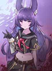 Rule 34 | 1girl, \n/, animal ear fluff, animal ears, belt, black gloves, black shirt, black skirt, buttons, closed mouth, commentary, crop top, double-breasted, dragalia lost, fox ears, fox shadow puppet, gloves, gold trim, hand up, highres, linnea (dragalia lost), long hair, looking at viewer, midriff, miniskirt, navel, neckerchief, punished pigeon, purple eyes, purple hair, sailor collar, school uniform, serafuku, shirt, short sleeves, skirt, solo, stomach, upper body, vambraces