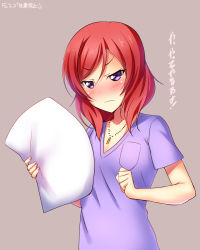Rule 34 | 1girl, blush, closed mouth, collarbone, dated, grey background, hair between eyes, highres, jewelry, long hair, love live!, love live! school idol project, necklace, nishikino maki, one-hour drawing challenge, pillow, purple eyes, purple shirt, red hair, shirt, short sleeves, simple background, solo, upper body, yu-ta