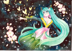 Rule 34 | 1girl, aqua eyes, aqua hair, artist name, breasts, bug, butterfly, cleavage, dated, dress, flower, hatsune miku, bug, long hair, mosho, outstretched arm, painting (medium), petals, signature, solo, sparkle, traditional media, twintails, very long hair, vocaloid, watercolor (medium)