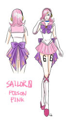 Rule 34 | 1girl, bishoujo senshi sailor moon, cosplay, crossover, high heels, one piece, pink hair, smile, tattoo, vinsmoke reiju