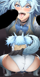 Rule 34 | 1girl, 2boys, absurdres, animal ears, ass, blank censor, blue eyes, blue hair, blush, censored, choker, collared shirt, drooling, dryseaweed, from behind, girls&#039; frontline, heart, heart-shaped pupils, heavy breathing, highres, imminent fellatio, light blue hair, long hair, multiple boys, multiple views, no shoes, open mouth, pa-15 (girls&#039; frontline), pa-15 (high school thrills) (girls&#039; frontline), panties, pantyshot, penis, penis awe, pleated skirt, pussy juice, pussy juice drip through clothes, ribbon, saliva, saliva trail, school uniform, shirt, skirt, solo focus, squatting, steaming body, sweater vest, symbol-shaped pupils, tail, tongue, tongue out, twintails, underwear