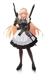 Rule 34 | 1girl, absurdres, alternate costume, apron, black gloves, black pantyhose, blonde hair, enmaided, executive red hood arabelle, frills, full body, gloves, guardian tales, gun, heterochromia, highres, holding, holding gun, holding weapon, long hair, looking at viewer, maid, maid apron, maid headdress, mk87, official alternate costume, pantyhose, pointy ears, rifle, sig mcx, standing, weapon, white background