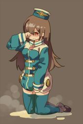 Rule 34 | 1girl, arm up, black footwear, blue hat, blue thighhighs, blush, breasts, brown background, brown hair, character request, cloneko (zelmeledf2), embarrassed, female focus, full body, hair over one eye, hat, kneeling, long hair, long sleeves, looking at viewer, peeing, peeing self, puddle, red eyes, shoes, simple background, skindentation, small breasts, solo, steam, tears, thighhighs, wet, wet clothes, wiping tears, zipper pull tab