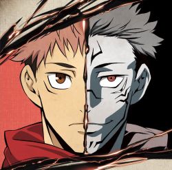 Rule 34 | 2boys, black background, brown eyes, cleaned, extra eyes, eyebrows, facial mark, facial tattoo, forehead tattoo, frown, highres, hood, hood down, hoodie, itadori yuuji, jujutsu kaisen, looking at viewer, male focus, monochrome, multiple boys, official art, pale skin, pink hair, red background, red eyes, red hoodie, ryoumen sukuna (jujutsu kaisen), short hair, smile, spot color, tattoo, third-party edit, undercut
