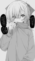 Rule 34 | 1girl, asymmetrical bangs, bags under eyes, bow, commentary, eyelashes, fingernails, furrowed brow, grabbing, grey background, greyscale, hair between eyes, hair bow, highres, jacket, long hair, long sleeves, looking at viewer, medium hair, monochrome, mushoku loli, mushoku loli (character), original, parted lips, ponytail, raised eyebrows, simple background, solo, speech bubble, sweatdrop, symbol-only commentary, track jacket, translation request, upper body, zipper, zipper pull tab, zipping