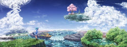 Rule 34 | 1girl, bloomers, cherry blossoms, cirno, cloud, day, flying whale, fog, forest, gensokyo, highres, landscape, long image, mountain, nature, saigyou ayakashi, same 2009, scenery, sky, solo, touhou, underwear, water, waterfall, whale, wide image