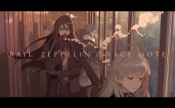 Rule 34 | 2boys, 2girls, ahoge, birdcage, black gloves, black scarf, braid, brown hair, cage, caules forvedge yggdmillennia, cigarette, copyright name, fate (series), formal, glasses, gloves, gray (fate), grey hair, holding, holding cage, hood, hood up, letterboxed, long hair, lord el-melloi ii, lord el-melloi ii case files, multiple boys, multiple girls, necktie, okazaki oka, olga marie animusphere, reflection, scarf, smoking, stole, suit, train interior, waver velvet