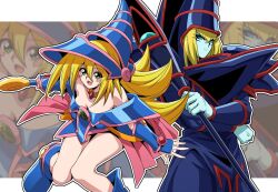 Rule 34 | 1boy, 1girl, bare shoulders, blonde hair, blue footwear, blue headwear, blush stickers, boots, breasts, cleavage, dark magician, dark magician girl, duel monster, green eyes, hair between eyes, hat, holding, holding staff, holding wand, large breasts, long hair, looking at viewer, official art, open mouth, smile, staff, wakoudo, wand, wizard hat, yu-gi-oh!, yu-gi-oh! duel monsters