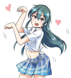 Rule 34 | 1girl, :d, arched back, arms up, blue skirt, brown eyes, collared shirt, commentary request, cowboy shot, eyelashes, eyes visible through hair, from side, green hair, hair between eyes, happy, heart, idolmaster, idolmaster cinderella girls, ishii takuma, long hair, looking at viewer, looking to the side, miniskirt, motion lines, navel, ohishi izumi, open mouth, parted bangs, paw pose, plaid, plaid skirt, pleated skirt, shirt, short sleeves, sidelocks, simple background, skirt, smile, solo, standing, stomach, tied shirt, white background, white shirt, wing collar
