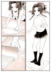 Rule 34 | 10s, casual, chopping, comic, cooking, dough, hair up, holding rolling pin, jintsuu (kancolle), kantai collection, kneading, kneehighs, monochrome, plum (arch), rolling pin, shirt, silent comic, skirt, socks