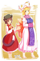 Rule 34 | 2girls, :o, animal ears, animal hat, barefoot, blonde hair, blush, breasts, brown eyes, brown hair, cat ears, cat tail, chen, chinese clothes, dress, feet together, fox tail, furim, hands in opposite sleeves, hat, highres, juliet sleeves, large breasts, long dress, long skirt, long sleeves, mob cap, multiple girls, multiple tails, mob cap, puffy sleeves, scarf, short hair, skirt, small breasts, tabard, tail, tail grab, tassel, touhou, wide hips, yakumo ran, yellow eyes