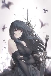 Rule 34 | 1girl, 2022, bare shoulders, bird, black dress, black gloves, black hair, breasts, cross, crying, crying with eyes open, dress, elbow gloves, fingerless gloves, gloves, hand on own arm, highres, jewelry, large breasts, limeblock, long hair, looking at viewer, necklace, original, skull, solo, standing, sword, tears, upper body, weapon
