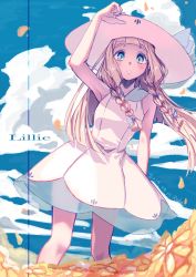 Rule 34 | 1girl, blonde hair, blue ribbon, blunt bangs, blush, braid, character name, cloud, collared dress, creatures (company), dated, day, dress, field, floating hair, flower, flower field, from below, game freak, green eyes, hand on headwear, hat, hat ribbon, highres, knees, lillie (pokemon), long hair, nintendo, outdoors, parted lips, petals, pokemon, pokemon sm, r.aka., ribbon, see-through, signature, sky, sleeveless, sleeveless dress, solo, standing, sun hat, sundress, twin braids, white dress, white hat, yellow flower