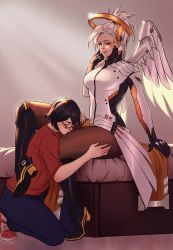 Rule 34 | 1boy, 1girl, absurdres, armor, bed, blizzard (company), blonde hair, blue eyes, boots, gloves, heels, highres, kiss, kissing thigh, leggings, legs, licking, mercy (overwatch), overwatch, pantyhose, skirt, thigh grab, thighs, valentina tavolilla, wings