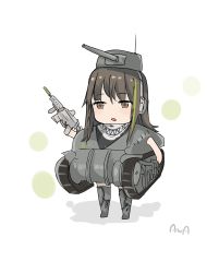 Rule 34 | 1girl, assault rifle, brown eyes, brown hair, chibi, cosplay, full body, girls&#039; frontline, gun, headset, highres, holding, holding weapon, long hair, m4 carbine, m4 sherman, m4a1 (girls&#039; frontline), military, military vehicle, motor vehicle, multicolored hair, name connection, open mouth, rifle, scarf, signature, solo, streaked hair, sutekina awa, tank, thighhighs, turret, weapon, white background
