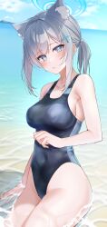 Rule 34 | 1girl, animal ear fluff, animal ears, black one-piece swimsuit, blue archive, blue eyes, blue sky, breasts, cloud, competition swimsuit, covered navel, cowboy shot, cross hair ornament, day, extra ears, grey hair, hair ornament, halo, highres, looking at viewer, low ponytail, manya drhr, medium breasts, medium hair, mismatched pupils, multicolored clothes, multicolored swimsuit, one-piece swimsuit, outdoors, shiroko (blue archive), shiroko (swimsuit) (blue archive), sitting, sky, solo, swimsuit, wolf ears