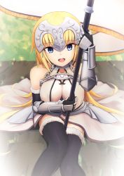 Rule 34 | 1girl, armor, armored dress, bare shoulders, between legs, black gloves, black thighhighs, blonde hair, blue eyes, chain, commentary request, fate/apocrypha, fate (series), faulds, flag, fur-trimmed legwear, fur-trimmed sleeves, fur trim, gauntlets, gloves, headpiece, jeanne d&#039;arc (fate), jeanne d&#039;arc (ruler) (fate), jeanne d&#039;arc (third ascension) (fate), long hair, looking at viewer, shoron, sitting, solo, thighhighs