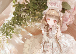 Rule 34 | 1girl, :o, animal, artist name, artist request, blonde hair, blunt bangs, braid, bug, dress, floral print, flower, frilled dress, frills, hair over shoulder, hairband, highres, lace, light brown hair, lolita fashion, lolita hairband, long hair, looking at viewer, original, pink flower, pink rose, plant, rose, solo, twin braids, twintails, water drop, watermark, web address, yellow eyes