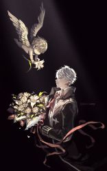 Rule 34 | 1boy, absurdres, angel, black coat, blue eyes, bouquet, charles-henri sanson (fate), cherub, coat, collar, collared shirt, fate/grand order, fate (series), flower, hair between eyes, highres, holding, holding bouquet, jacket, koshika rina, long sleeves, male focus, necktie, open mouth, red necktie, red ribbon, ribbon, shirt, short hair, smile, solo, white hair