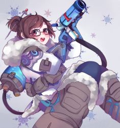 Rule 34 | 1girl, beads, belt, belt pouch, black-framed eyewear, blue gloves, blue legwear, boots, brown eyes, brown hair, canister, coat, fur-trimmed boots, fur boots, fur coat, fur trim, glasses, gloves, gun, hair bun, hair ornament, hair stick, highres, holding, holding weapon, hose, kiri itoguchi, mei (overwatch), open mouth, overwatch, overwatch 1, parka, pouch, short hair, single hair bun, smile, snowflake print, solo, utility belt, weapon, winter clothes, winter coat