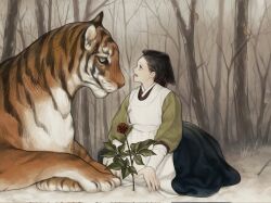 Rule 34 | 1girl, animal, black headwear, clothing request, commentary request, daileezu, highres, korean commentary, leaf, long sleeves, open mouth, original, outdoors, plant, profile, snow, solo, tiger, tree, winter