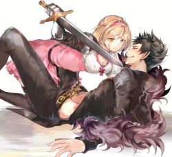 Rule 34 | 1boy, 1girl, all fours, belial (granblue fantasy), belt, black footwear, black hair, black pants, black shirt, blonde hair, blood, blood on clothes, blood on face, boots, breasts, cleavage, djeeta (granblue fantasy), dress, eye contact, gauntlets, girl on top, granblue fantasy, grin, hairband, highres, holding, holding sword, holding weapon, looking at another, lying, medium breasts, midriff, on back, pants, pink dress, pink hairband, red ribbon, ribbon, shirt, short dress, short hair, simple background, smile, soraneko hino, spiked hair, stomach, sword, thigh boots, thighhighs, weapon, white background, yellow eyes