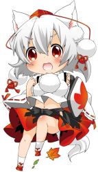 Rule 34 | 1girl, animal ears, bad id, bad pixiv id, berry jou, breasts, chibi, detached sleeves, fang, geta, hat, inubashiri momiji, large breasts, leaf, looking at viewer, maple leaf, open mouth, pom pom (clothes), red eyes, shield, short hair, silver hair, simple background, skirt, smile, solo, tail, tengu-geta, tokin hat, touhou, white background, wolf ears, wolf tail