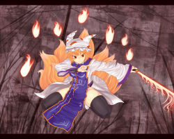 Rule 34 | 1girl, bad id, bad pixiv id, black thighhighs, blonde hair, breasts, female focus, fire, fox tail, full body, hat, letterboxed, multiple tails, onsen nakaya, red eyes, solo, sword, tail, thighhighs, touhou, weapon, yakumo ran