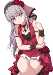 Rule 34 | 1girl, armband, bad id, bad twitter id, bang dream!, breasts, brooch, choker, cleavage, commentary request, crossed legs, dress, earrings, flower, grey hair, hair flower, hair ornament, hairband, hand on own elbow, hand up, highres, jewelry, lace, long hair, looking at viewer, minato yukina, narafume, necklace, red choker, red dress, red flower, red rose, rose, simple background, sitting, small breasts, smile, solo, veil, white background, wrist cuffs, yellow eyes