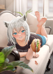 Rule 34 | 1girl, 3d background, absurdres, ahoge, andy2465, animal ears, barefoot, blue eyes, blush, commentary, couch, english commentary, english text, feet, feet up, food, fox ears, fox girl, fox tail, grin, highres, holding, holding food, hololive, looking at viewer, lying, mixed-language commentary, on couch, on stomach, shirakami fubuki, smile, soles, solo, spill, tail, textless version, the pose, toes, virtual youtuber, white hair