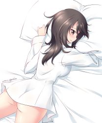 Rule 34 | 1girl, ass, blush, bottomless, brown eyes, brown hair, commentary, dress shirt, from above, girls und panzer, highres, kuzuryuu kennosuke, long hair, long sleeves, looking at viewer, looking back, lying, mika (girls und panzer), no headwear, on bed, on stomach, one-hour drawing challenge, open mouth, pillow, shirt, short sleeves, smile, solo, white shirt