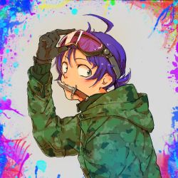 Rule 34 | 10s, 1boy, ahoge, alternate costume, blue eyes, camouflage, camouflage jacket, from side, glasses, glasses on head, gloves, hood, hoodie, jacket, knife, knife in mouth, looking at viewer, looking to the side, mairimashita! iruma-kun, male focus, portrait, purple hair, safety glasses, solo, suzuki iruma, tareme, weapon