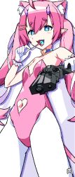 1girl animal_ear_fluff animal_ears blue_choker breasts candy cat_ears chibidoki_(vtuber) choker clothing_cutout demon_girl demon_horns demon_tail extra_ears fangs food gloves gun handgun heart_cutout highres holding holding_candy holding_food holding_gun holding_lollipop holding_weapon horns indie_virtual_youtuber leotard lollipop long_hair looking_at_viewer navel open_mouth pantyhose pink_hair pink_leotard pointy_ears purple_horns simple_background small_breasts solo strapless strapless_leotard tail tsunderemaids twintails virtual_youtuber weapon white_background white_gloves white_pantyhose