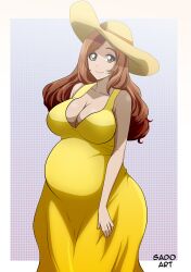 Rule 34 | 1girl, absurdres, artist name, bleach, border, breasts, brown border, brown eyes, brown hair, collarbone, commentary, dress, english commentary, hat, highres, inoue orihime, large breasts, long hair, looking at viewer, mixed-language commentary, pregnant, sado art, smile, solo, straw hat, sundress, wide hips, yellow dress