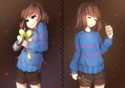 Rule 34 | 2others, :3, artist name, black eyes, blue sweater, box, bright pupils, brown background, brown hair, brown shorts, closed eyes, closed mouth, commentary, drinking straw, english commentary, facing object, falling petals, flower, frisk (undertale), grin, heart, highres, holding, holding box, holding flower, holding knife, holding stick, juice box, knife, long sleeves, medium hair, multiple others, petals, pink sweater, red petals, red pupils, sasoura, short shorts, shorts, smile, standing, stick, striped clothes, striped sweater, sweater, undertale, unusually open eyes, yellow flower