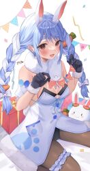 Rule 34 | 1girl, 2023, :d, absurdres, animal ear fluff, animal ears, bare shoulders, black gloves, black pantyhose, blue hair, blush, bow, box, braid, breasts, brown eyes, buttons, carrot hair ornament, cleavage, commentary request, confetti, detached sleeves, don-chan (usada pekora), dress, eyes visible through hair, flag, food-themed hair ornament, frills, fur-trimmed gloves, fur scarf, fur trim, gift, gift box, gloves, hair bow, hair ornament, highres, holding, holding flag, hololive, kirimi, looking at viewer, medium breasts, multicolored hair, open mouth, pantyhose, pocket, rabbit, rabbit ears, rabbit girl, short eyebrows, sidelocks, signature, sitting, small breasts, smile, solo, string of flags, thick eyebrows, thigh strap, twin braids, two-tone hair, usada pekora, usada pekora (1st costume), virtual youtuber, wariza, white bow, white dress, white hair