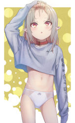 Rule 34 | 1girl, bangs pinned back, blush, bow, bow panties, bubble background, collar, commentary, cowboy shot, crop top, crotch seam, forehead, gluteal fold, grey hair, hair down, highres, long hair, long sleeves, looking up, makaino ririmu, multicolored hair, navel, nijisanji, no pants, panties, parted lips, pink hair, pointy ears, red collar, red eyes, sabamen, sleeves past fingers, sleeves past wrists, solo, streaked hair, two-tone hair, underwear, virtual youtuber, white panties
