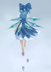 Rule 34 | 1girl, alset, blue bow, blue dress, blue hair, bow, cirno, commentary request, dress, footprints, from behind, grey background, hair bow, highres, ice, ice wings, light blue hair, medium hair, puffy short sleeves, puffy sleeves, short sleeves, snow, solo, touhou, walking, walking away, wings