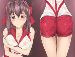 Rule 34 | 10s, 1girl, ass, blush, breasts, brown background, brown eyes, brown hair, cleavage, collarbone, girls und panzer, goshiki (cham darc), gym shorts, hair ornament, hair ribbon, highres, kondou taeko, large breasts, nipples, no bra, no panties, pussy juice, ribbon, see-through, shorts, simple background, solo, sportswear, volleyball uniform, wet