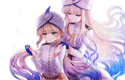 Rule 34 | 2boys, belt, belt pouch, blonde hair, blue gloves, blush, captain nemo (fate), closed eyes, coat, commentary, epaulettes, fate/grand order, fate/grand order arcade, fate (series), gloves, green eyes, hand on another&#039;s shoulder, hat feather, highres, holding hands, long hair, multiple boys, nemo (fate), noah (fate), pouch, shell ocean, simple background, smile, turban, very long hair, white background, white coat