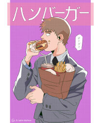 Rule 34 | 1boy, artist name, bag, brown hair, burger, buttoned cuffs, buttons, collared shirt, commentary, cup, disposable cup, drinking straw, eating, english commentary, food, food on face, formal, french fries, gatoiberico, grey jacket, halftone, highres, holding, holding bag, holding food, jacket, long sleeves, male focus, mob psycho 100, paper bag, purple background, reigen arataka, shirt, short hair, simple background, solo, speech bubble, suit, suit jacket, translation request, upper body