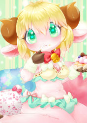 Rule 34 | 1girl, aije, animal ears, bell, blonde hair, blue panties, blush, bow, bra, breasts, cushion, dessert, female focus, food, food on face, frilled panties, frills, furry, furry female, goat ears, green background, green eyes, hand on own face, hand up, hands up, highres, holding, horns, indoors, licking lips, looking at viewer, medium breasts, navel, original, panties, red bow, short hair, side-tie panties, simple background, sitting, solo, tongue, tongue out, underwear, underwear only, wariza, yellow bra