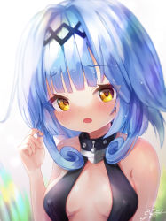 Rule 34 | 1girl, azur lane, blue hair, blunt bangs, blurry, breasts, cleavage, commentary request, depth of field, hairband, highres, looking at viewer, moemaru, nautilus (azur lane), playing with own hair, short hair, sidelocks, signature, solo, wet, wet clothes, yellow eyes