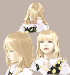 Rule 34 | blonde hair, blue eyes, child, closed eyes, frills, hidari (left side), lips, open mouth, portrait, realistic, smile