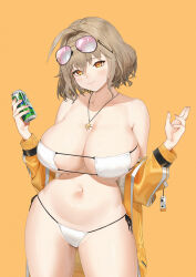 Rule 34 | 1girl, absurdres, ahoge, anis (nikke), anis (sparkling summer) (nikke), bare shoulders, bikini, breasts, brown hair, can, closed mouth, collarbone, cowboy shot, drink can, eyepatch bikini, eyewear on head, goddess of victory: nikke, hair ornament, hands up, highres, holding, holding can, jacket, jewelry, large breasts, looking at viewer, navel, orange eyes, pendant, pixel (yuxian), short hair, soda can, solo, stomach, sunglasses, swimsuit, white bikini, wide hips, yellow background, yellow jacket