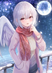 Rule 34 | 1girl, absurdres, blush, braid, coat, cowboy shot, feathered wings, fringe trim, grey coat, hair between eyes, highres, kishin sagume, long sleeves, niko kusa, open clothes, open coat, open mouth, red eyes, red scarf, scarf, short hair, single wing, smile, solo, touhou, white hair, white wings, wings