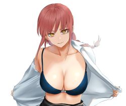 Rule 34 | 1girl, blue bra, bra, braid, braided ponytail, breasts, chainsaw man, cleavage, closed mouth, collarbone, collared shirt, large breasts, looking at viewer, makima (chainsaw man), medium hair, mitsugu, open clothes, open shirt, red hair, ringed eyes, shirt, simple background, solo, underwear, undressing, upper body, white background, white shirt, yellow eyes