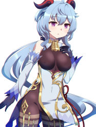 Rule 34 | 1girl, :o, ahoge, bare shoulders, bell, black legwear, black leotard, blue gloves, blue hair, blush, bodystocking, bodysuit, breasts, chinese knot, covered navel, crossco, detached sleeves, flower knot, ganyu (genshin impact), genshin impact, gloves, gold trim, groin, hand on own chest, highres, horns, leotard, leotard under clothes, long hair, looking at viewer, low ponytail, medium breasts, neck bell, parted lips, purple eyes, sidelocks, solo, standing, tassel, thighlet, white background, white sleeves