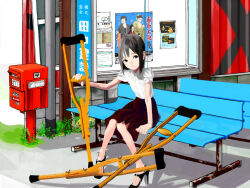 Rule 34 | 1girl, arm support, black hair, brick wall, brown eyes, bulletin board, collared shirt, commentary, crutch, day, dress shirt, e eel, english commentary, full body, grin, half-closed eyes, high heels, holding crutch, lips, medium hair, on bench, original, outdoors, postbox (outgoing mail), poster (object), puffy short sleeves, puffy sleeves, red skirt, rust, shirt, shirt tucked in, short sleeves, sitting, skirt, smile, solo, translation request, utility pole, weeds, white shirt