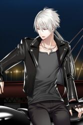 Rule 34 | 1boy, black gloves, black pants, cheritz, fingerless gloves, gloves, grey hair, grey shirt, jacket, jewelry, lamppost, lapels, layered clothes, leather, leather jacket, long hair, long sleeves, low ponytail, male focus, necklace, official art, open mouth, pants, red eyes, shirt, sitting, skull necklace, solo, susanghan messenger, third-party source, zen (susanghan messenger)